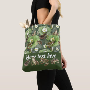 Tote Bag Grenouilles nénuphars verts et blancs motif