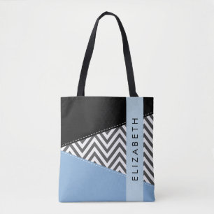 Tote Bag Grey Zigzag, Grey Chevron, Bleu, Votre Nom