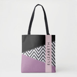Tote Bag Grey Zigzag, Grey Chevron, Purple, Votre Nom