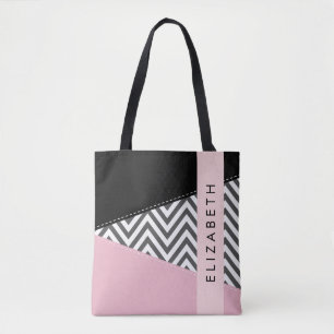 Tote Bag Grey Zigzag, Grey Chevron, Rose, Votre Nom