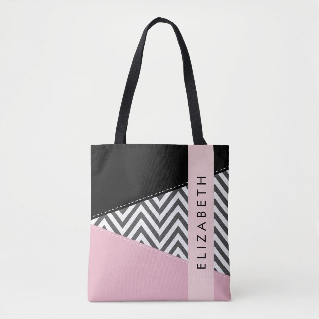 Tote Bag Grey Zigzag, Grey Chevron, Rose, Votre Nom (Devant)