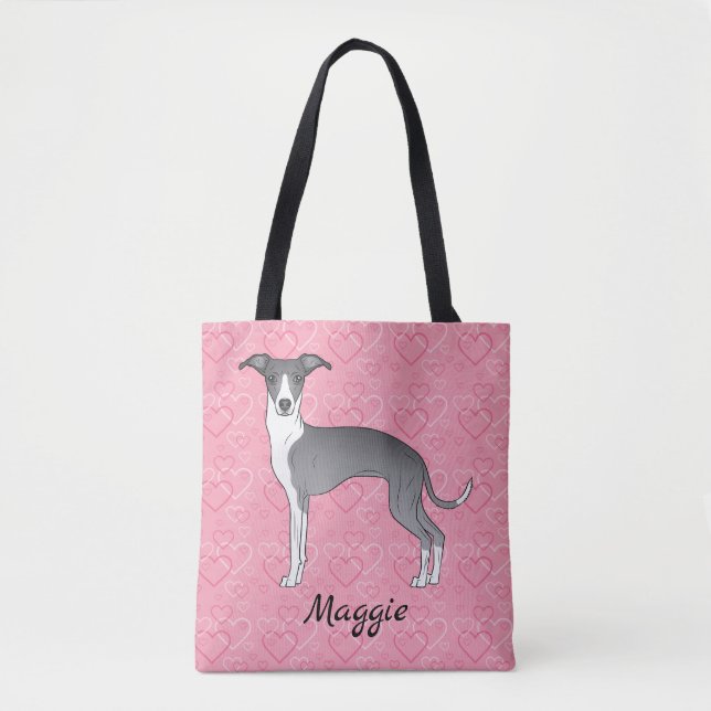 Tote Bag Greyhound Italien Bleu Et Blanc Sur Coeurs Rose (Devant)