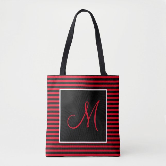 Tote Bag Grille initiale en rouge et en noir sur mesure (Devant)