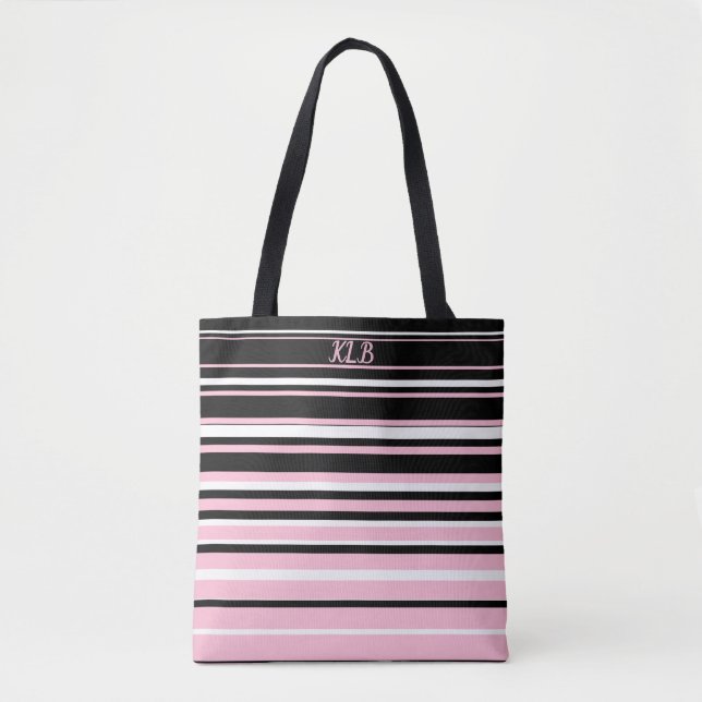 Tote Bag Grilles rose, noir et blanc Monogrammes (Devant)