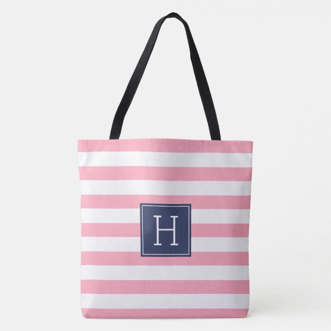 Tote Bag Grilles roses et monogramme bleu (Devant)