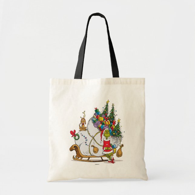 Tote Bag Grinch classique | Grinch & Max avec Sleigh (Devant)