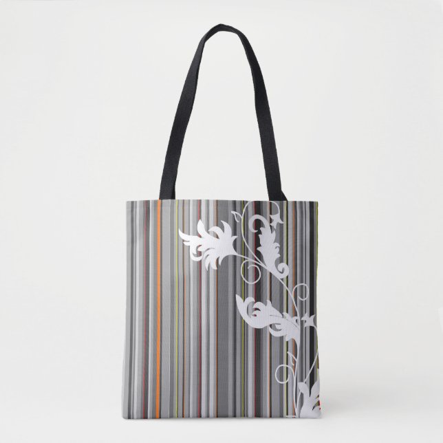 Tote Bag Gris à rayures et design floral (Devant)