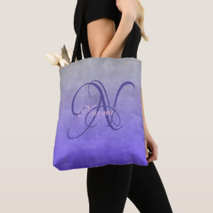 Tote Bag Gris Bleu monogramme rustique élégant