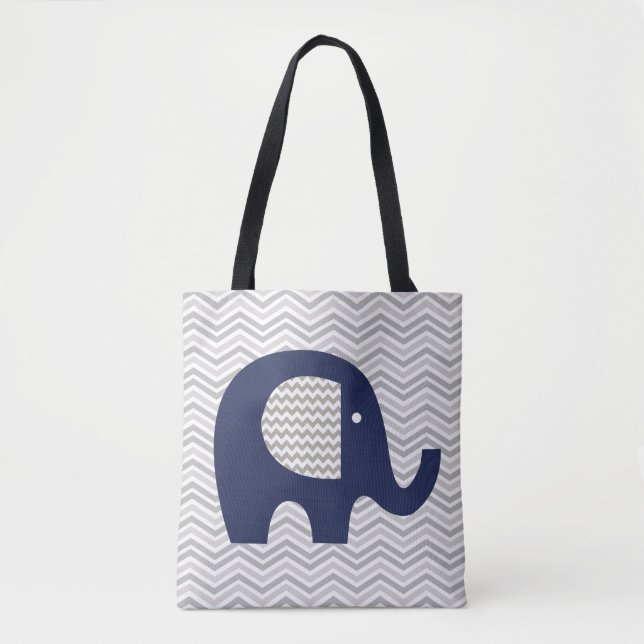 Tote Bag Gris Chevron Bleu Eléphant Bleu de la Marine (Devant)