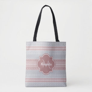 Tote Bag Gris chic et rose cinglé rayures et monogramme