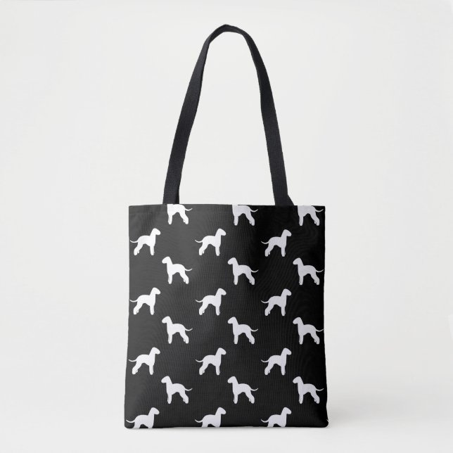 Tote Bag Gris de motif de silhouettes de Bedlington Terrier (Devant)