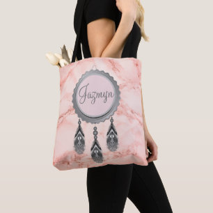 Tote Bag Gris Dreamcatcher sur marbre rose Personnalisé