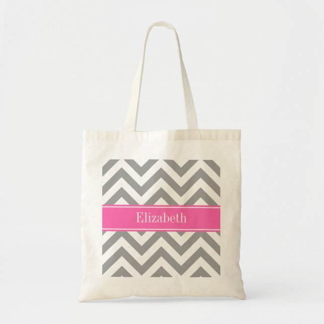 Tote Bag Gris foncé Lg Chevron Rose chaud #2 Nom Monogramme (Devant)