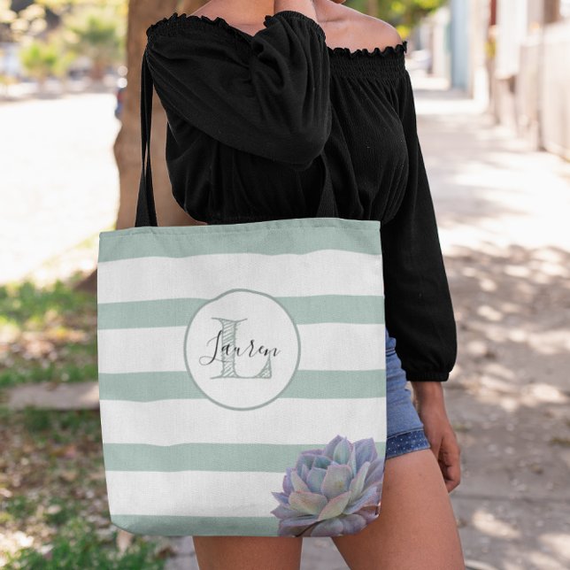Tote Bag Gris Gris et monogramme Succulent Personnalisé (Créateur téléchargé)