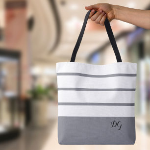 Tote Bag Gris Minimaliste Moderne Monogramme Rayé