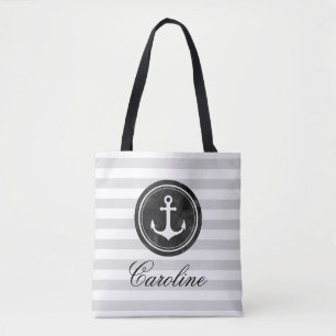 Tote Bag Gris moderne rayures Ancre marine