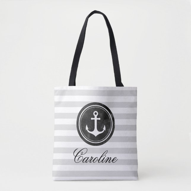 Tote Bag Gris moderne rayures Ancre marine (Devant)