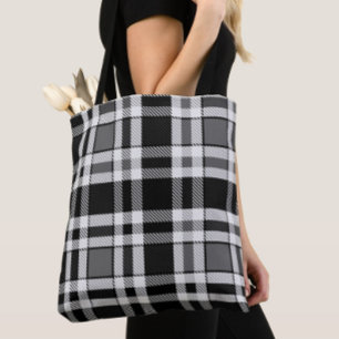 Tote Bag Gris Noir Blanc Flanné Plaid Tartan Design
