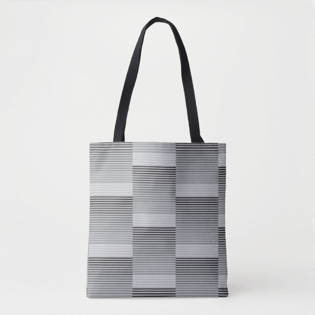 Tote Bag Gris, Noir, Rayures Blanches (Devant)