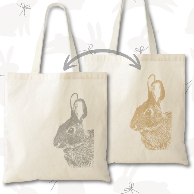 Tote Bag Gris simple à double face et lapin Brown (Double-sided Easter bunny rabbit tote bag with custom text is simple, minimal and modern )