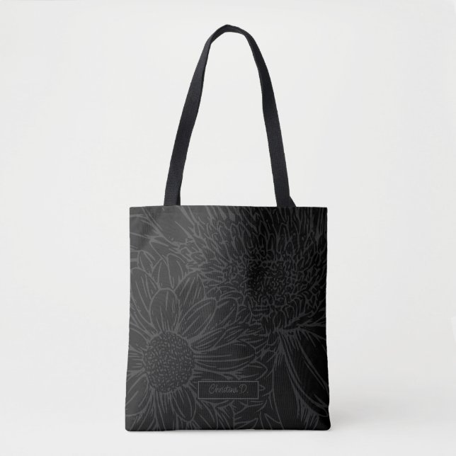 Tote Bag Gris sur fond noir avec nom et chrysanthèmes (Devant)