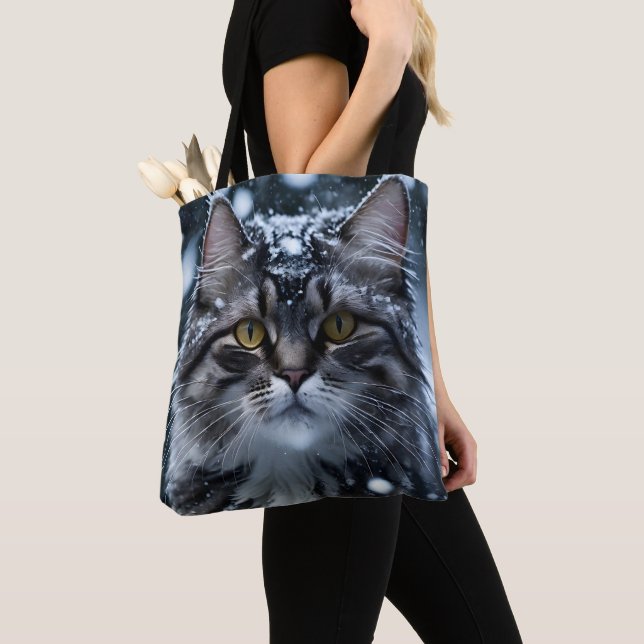 Tote Bag Gris Tabby Chat en neige (De près)