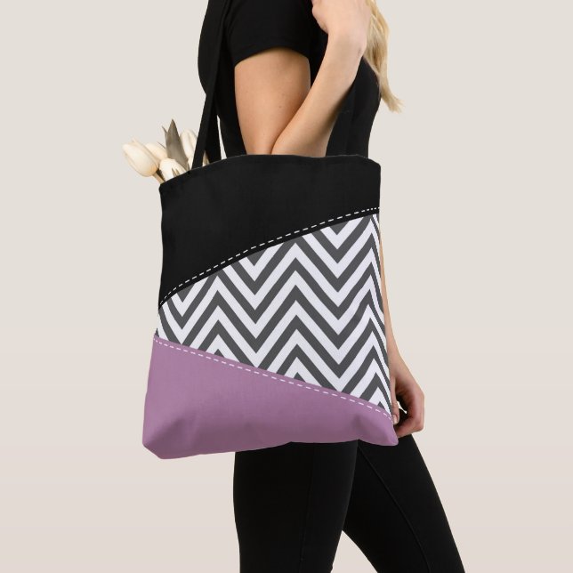 Tote Bag Gris Zigzag, Gris Chevron, Motif Zigzag, Violet (De près)