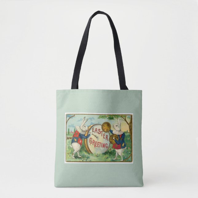 Tote Bag Gros Bunnies Pâques Blanches Vert clair (Devant)