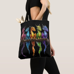 Tote Bag Groupe Arc-en-ciel de bébés dragons sur fond noir