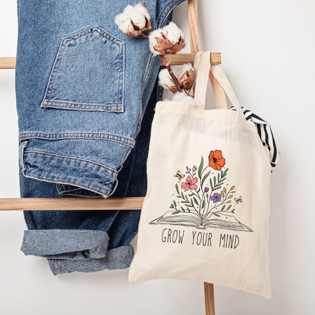 Tote Bag Grow your mind Boho Wildflower and book (Créateur téléchargé)