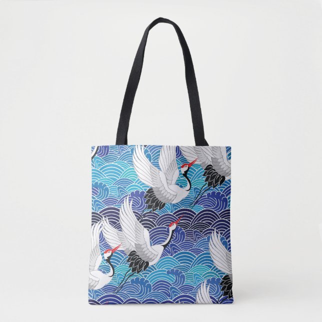 Tote Bag Grue japonaise : Motif orné d'oiseaux. (Devant)