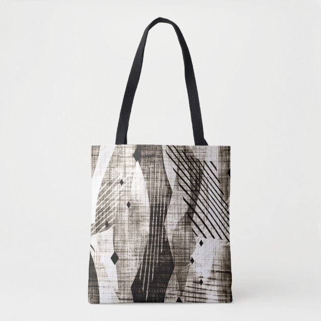 Tote Bag Grunge abstrait géométrique rayé beige noir (Devant)