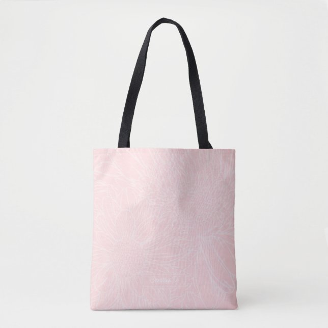 Tote Bag Grunge rose avec nom et chrysanthèmes (Devant)