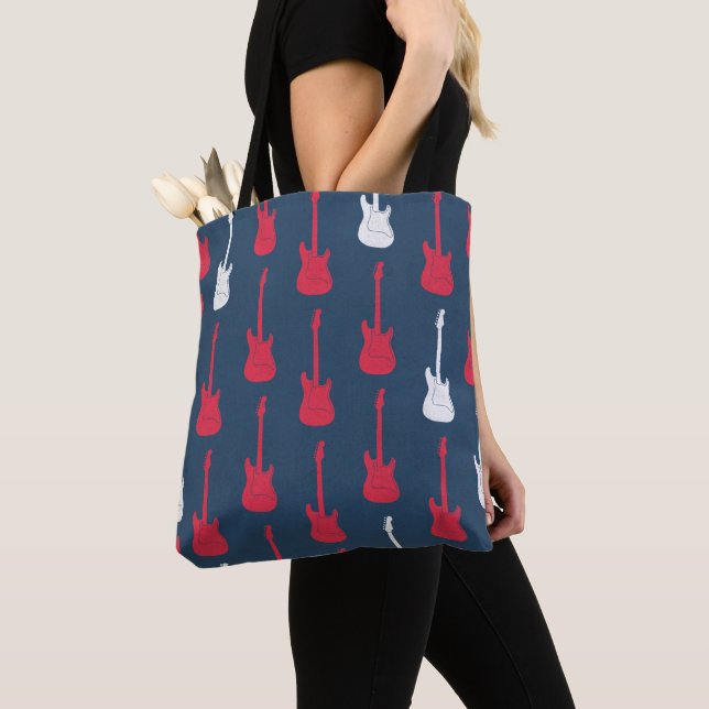 Tote Bag Grungy Classic Electric Guitar Polkadot red blue (De près)