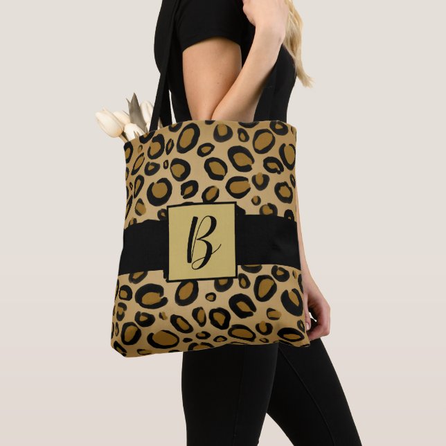 Tote Bag Guépard peint imprimé taches léopard or beige marr (De près)