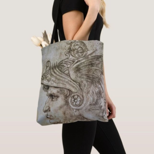 Tote Bag Guerrier casqué de Léonard (Da Vinci’s Ancient Warrior Sketch Travel Tote Bag, laminated lining extra support. Made in the USA. )