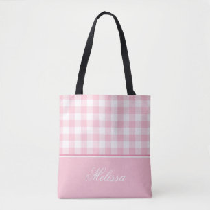 Tote Bag Guingan de rose en pastel personnalisé