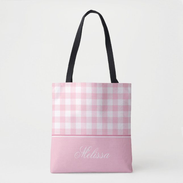 Tote Bag Guingan | de rose en pastel personnalisé (Devant)