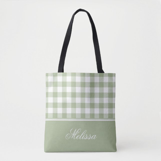 Tote Bag Guingan | de vert sauge personnalisé (Devant)