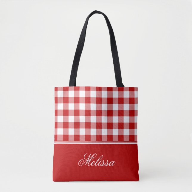 Tote Bag Guingan rouge et blanc démodé | personnalisé (Devant)