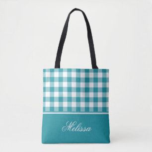 Tote Bag Guingan turquoise personnalisé