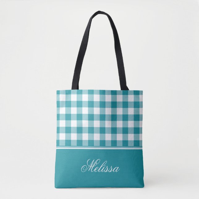 Tote Bag Guingan turquoise | personnalisé (Devant)