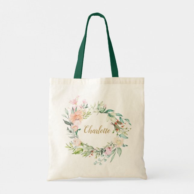 Tote Bag Guirlande de roses Nom personnalisé en écriture  (Dos)
