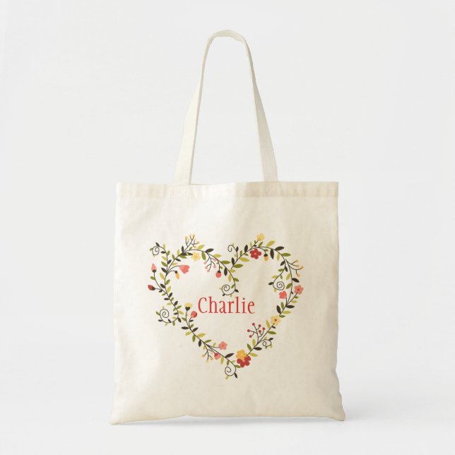 Tote Bag Guirlande florale adorable de coeur avec le nom (Devant)