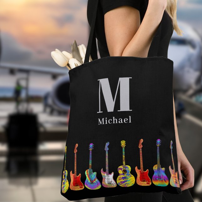 Tote Bag Guitare personnalisée (Funky guitar pattern on black personalized monogram musicians tote bag)