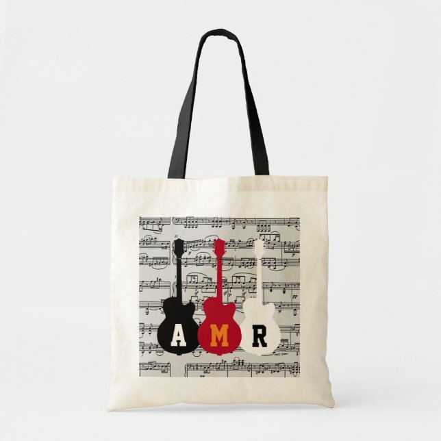 Tote Bag Guitares cool avec notes musicales et initiales (Devant)