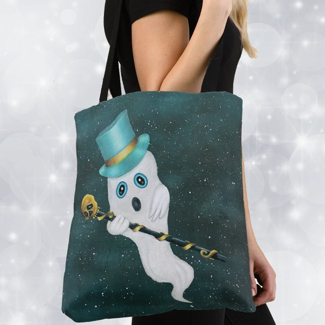 Tote Bag Habille Ghost Top Hat Gold Skull Cane Blue Sky (Cute Floating ghost in blue night sky with top hat skull cane on Halloween tote bag.)