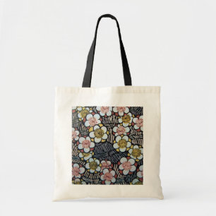 TOTE BAG HAIKU/ NOIR BLANC ROSE JAUNE FLEURS DE PRINTEMPS