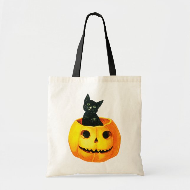 Tote Bag Halloween à l'ancienne, chat noir sur Citrouille (Devant)