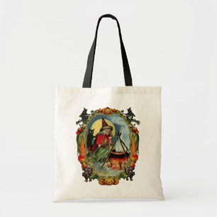 Tote Bag Halloween à l'ancienne, sorcière avec chat noir
